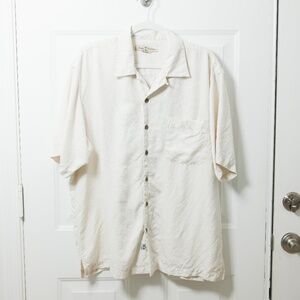 Tommy Bahama Shirt L Ivory Embroidered Parrot Silk “Read it Roll it Hole It”